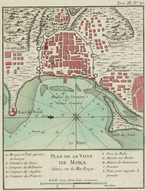 The settlement of Moka or Mocha, Yemen, as drawn by French artist Jacques-Nicolas Bellin, was the first port to be closely identified with coffee fortunes. This map shows the various districts of Mocha at its peak in the 18th century. (Jacques-Nicolas Bellin / Public domain)