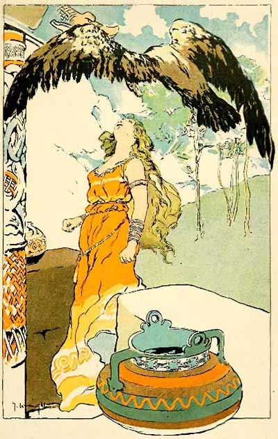 Odin in the shape of an eagle flies away from Gunnlod, 1908. Source: Public Domain