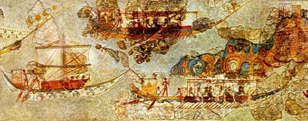 A segment of a large fresco of a ship procession from Bronze Age excavation at Akrotiri