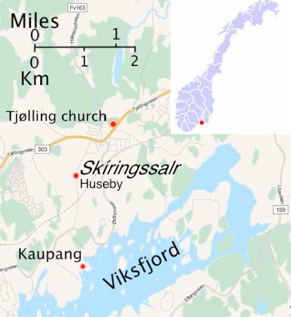 Map showing locations of Kaupang, Skíringssalr (Huseby) and Tjølling in Vestfold County, Norway, with location in Norway inset. (CC BY-SA 3.0)