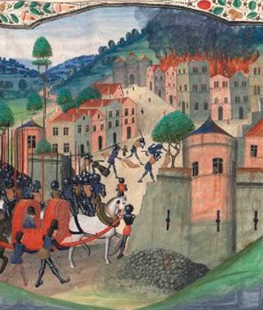 El Príncipe Edward Black enfermo transportado al asedio de Limoges (1370) (Dominio público)