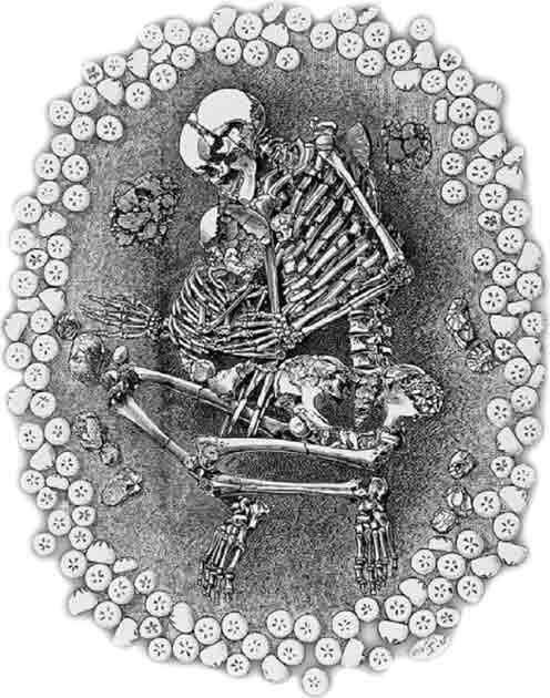 Skeletal remains of an adult and a child at Dunstable Downs (ill./©: illustration from the book "Man, The Primeval Savage" (1894) by Worthington Smith/JGU)