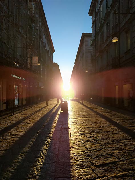 The solar alignment on this ancient Turin street occurs around February 4th and 5th, and is visible for a few minutes in the morning. The phenomenon is thought to be in honor of Emperor Octavian. (Guido Cossard)