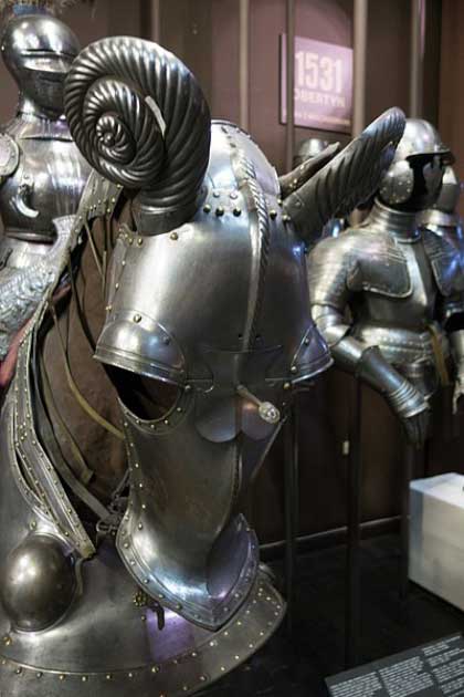 Some armor had horns, both to intimidate the opposition and to protect the horse’s ears. (Thomas Quine / CC BY 2.0)