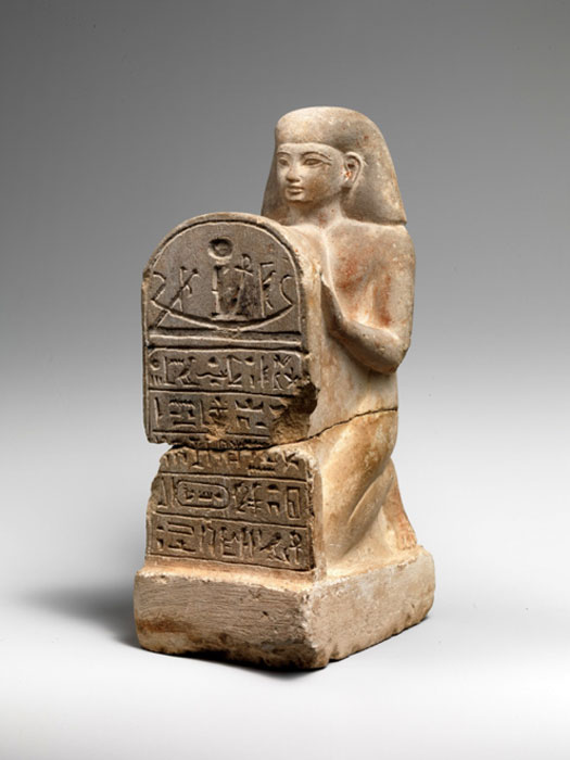 This statuette depicts a kneeling man holding a stela inscribed with a hymn to the sun. An inscription on the back of the statuette identifies the man as Bay, who was a scribe working in the administration of the temple of Seti I, a post he probably held into the reign of Seti’s son, Ramesses II. Complete statues of non-royal individuals from this period are uncommon, and pieces of this fine quality are extremely rare. 19th Dynasty. Metropolitan Museum of Art, New York.