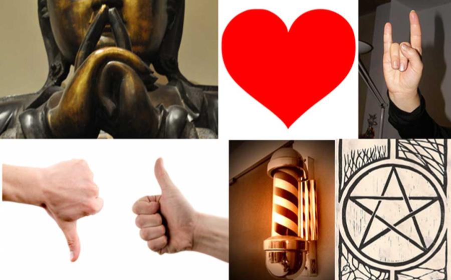 Acollection of ancient signs and symbols: Buddha’s hands forming a mudra. (CC BY SA 3.0) A heart. (Public Domain) Devil’s horns hand sign. (Ra Boe/CC BY SA 3.0) Thumbs up and down. (CC0) A barber’s pole. (Dave Barr/CC BY SA 2.0) A pentagram. (Sam Kelly/CC BY 2.0)