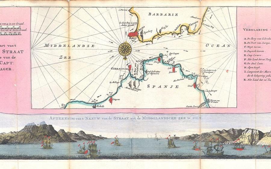 1747 map of the Straits of Gibraltar showing the Rock of Gibraltar, the Barbary Coast and 16 sailing ships