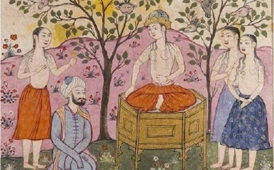 This 14th-century Persian painting portrays a scene from the Kushnameh in what scholars believe could be the betrothal of prince Abtin (kneeling) and Silla princess Frarang (sitting). (Hanyang University Museum)