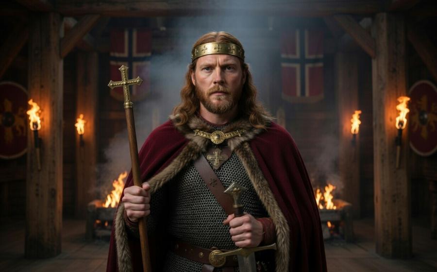 King Olaf the Holy stands powerfully in a dimly lit Viking longhouse hall. He wears a simple golden circlet crown with crosses, a deep red fur-lined cloak over chainmail, and holds a large processional cross in one hand and a sword in the other.