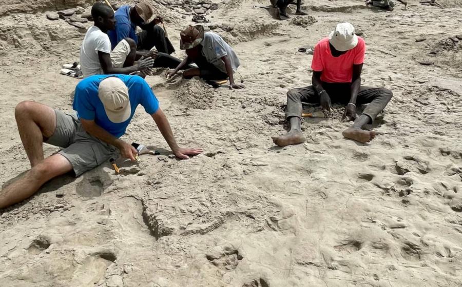 Excavating the new trackway site, with footprints from hominins, birds and other animals visible in foreground.