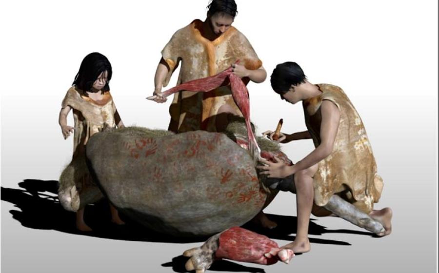 3D digital reproduction of humans butchering a glyptodonts. 	Source: Damian Voglino, Museo de Ciencias Naturales/UNLP