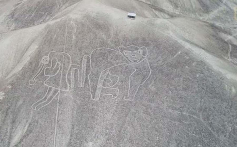 A depiction of a flying human tethered to a monkey. The geoglyphs pre-dating the Nazca lines show many more human designs.