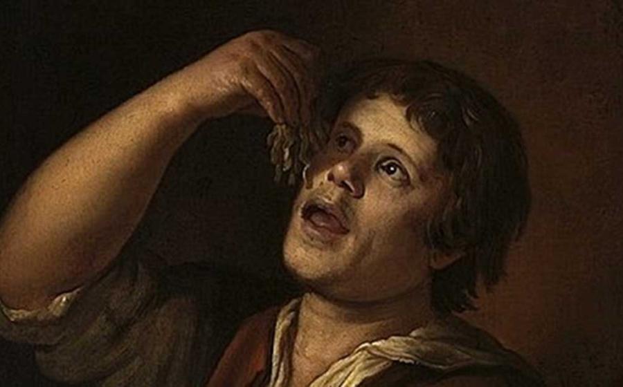 Detail of ‘Man eating noodles’ (1656) by Jan Vermeer van Utrecht.