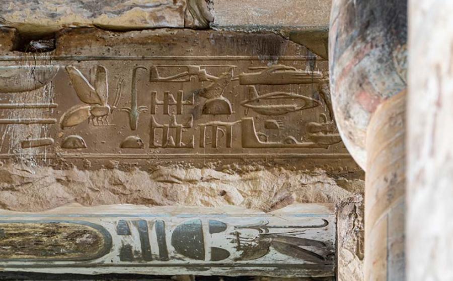 The Abydos carvings are mysterious carved hieroglyphs which were found on a ceiling beam in the temple of Seti I in Abydos. Source: merlin74 / Adobe Stock