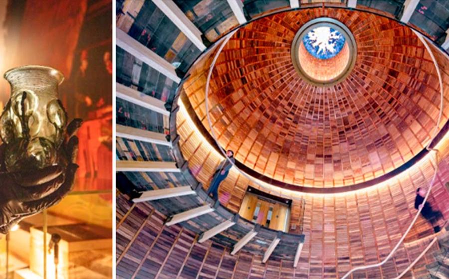 Left, The Castle Eden Claw beaker, courtesy of the British Museum. Right, The atrium roof at Ad Gefrin Anglo-Saxon Museum & Distillery. Source: Ad Gefrin