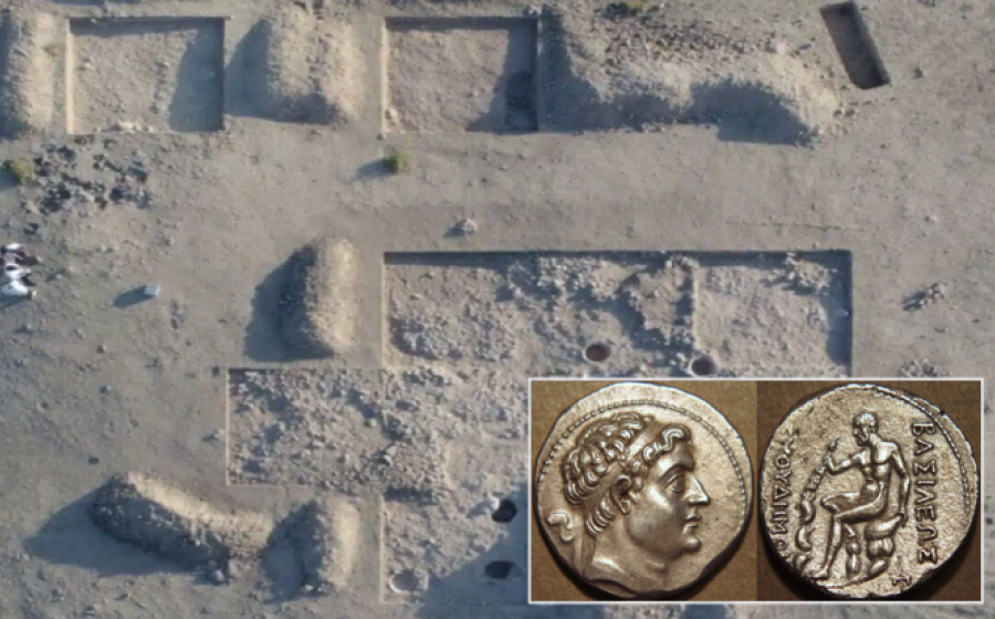 Aerial view of the excavation in the central part of Iskandar Tepa. Inset; Silver tetradrachm of Demetrius I Soter