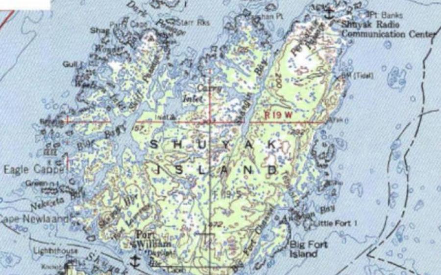 Topographic map of Shuyak Island showing the locations of newly discovered archaeological sites