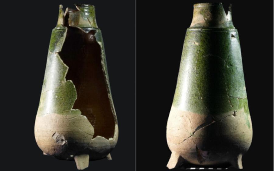 Two sides of the flask-shaped distilling vessel found at Gnandstein Castle which is partly green-glazed on the outside and yellow-glazed inside.