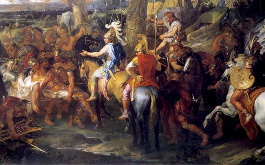 A painting by Charles Le Brun depicting Alexander and Hephaestion (in red cloak), facing Porus, during the Battle of the Hydaspes.