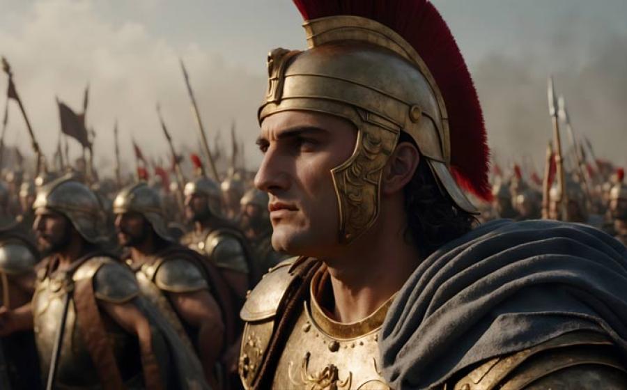 Alexander the Great standing in front of his army, Battle of Jaxartes. AI generated image. Source: Amir Bajric/Adobe Stock	