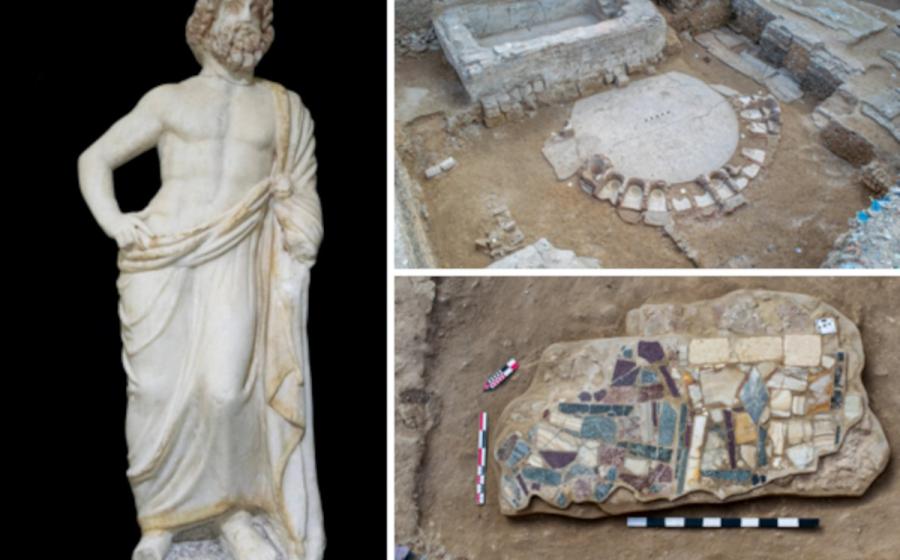 Statue of Bacchus, public bath house and mosaic found beneath Alexandria, Egypt