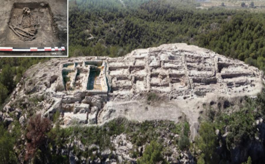 Aerial view of La Almoloya, the Argaric hilltop settlement at Pliego, Murcia, Spain, with inset, El Argar burial. 