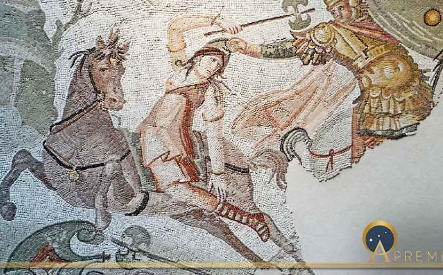 A hippeis rider seizes a mounted Amazonian warrior armed with a labrys by her Phrygian cap. Roman mosaic Daphne, Antioch-on-the-Orontes (now Antakya in Turkey), (fourth century AD)/ Louvre, Paris. (Jacques MOSSOT/ CC BY-SA 4.0)