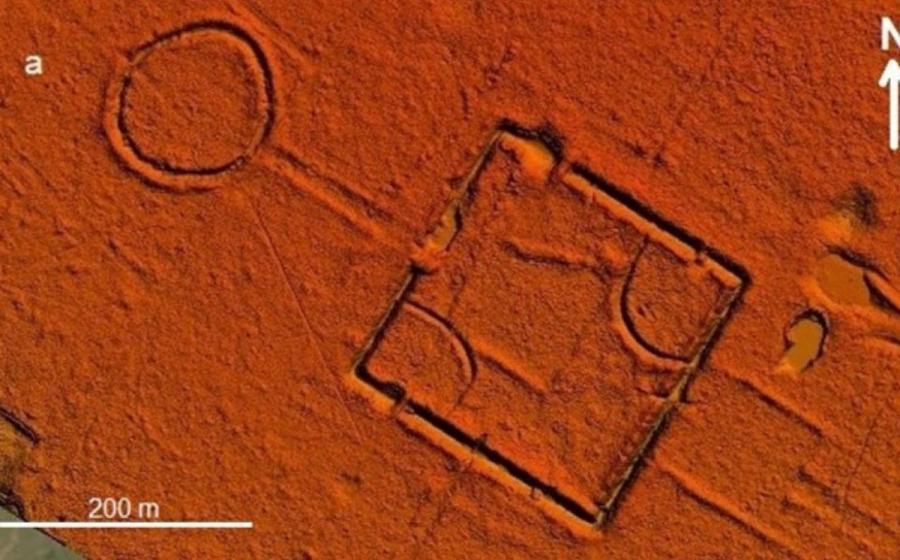 Aerial view of the Fazenda Colorada geoglyph in Acre, Brazil, dated c. AD 1283.