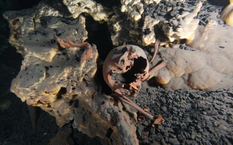 Original position of the skeletal remains inside submerged cave of Muknal.    Source: Jerónimo Avilés /© 2020 Hubbe et al CC BY 4.0