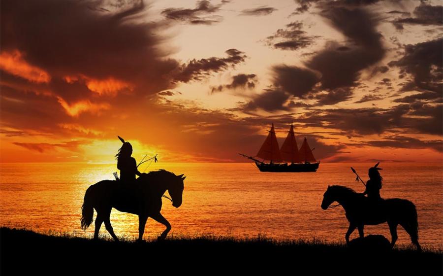 Native Americans see the arrival of an explorer’s ship. 