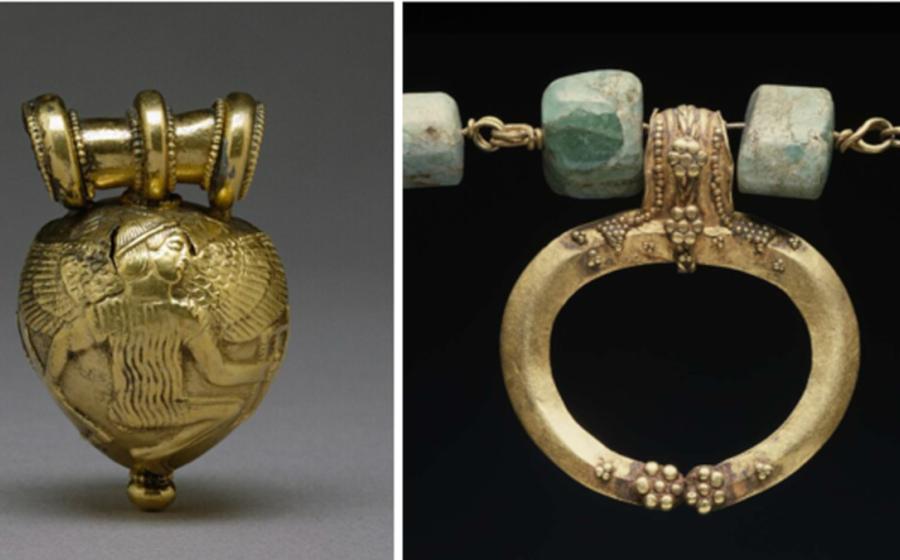Etruscan bulla depicting Icarus. Right; Roman necklace with ‘Lunula’  