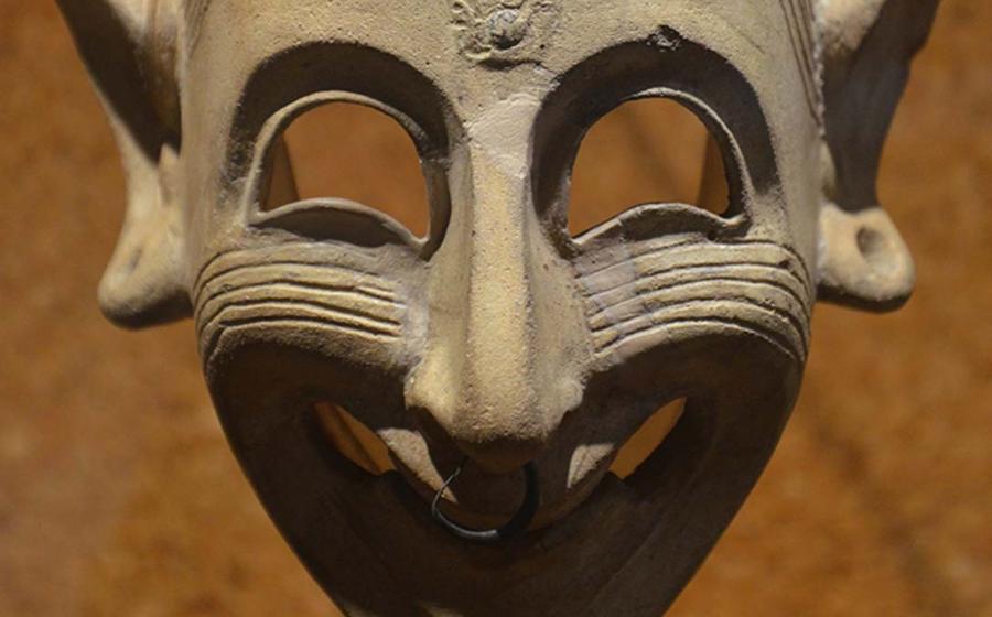 Detail of a Phoenician grinning mask, 4th century BC, found in a grave at San Sperate, Cagliari, Museo Archeologico Nazionale. 