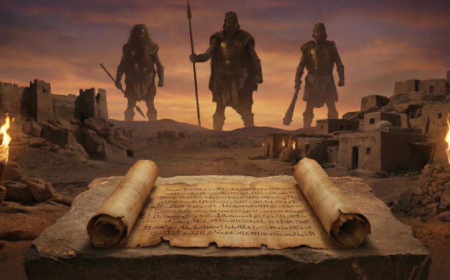 AI impression of ancient Canaan landscape with Nephilim and the papyrus.
