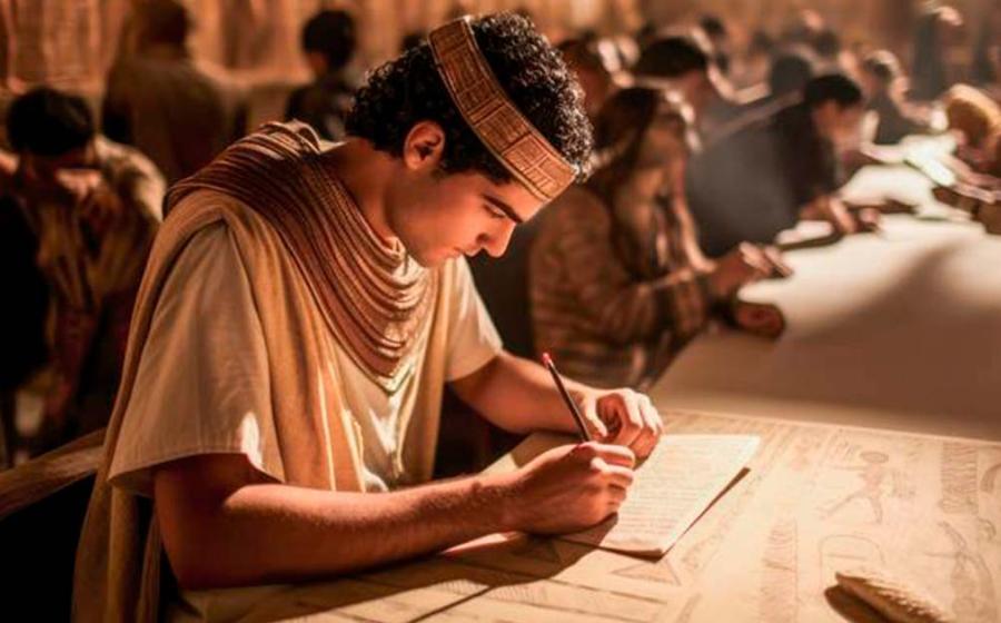 A depiction of the Great Library of Alexandria, a symbol of the intellectual epicenter of the ancient city of Alexandria. Right: Detail of Raphael's (1509–1511) impression of Euclid, teaching students 	Source: Microgen / Adobe Stock 