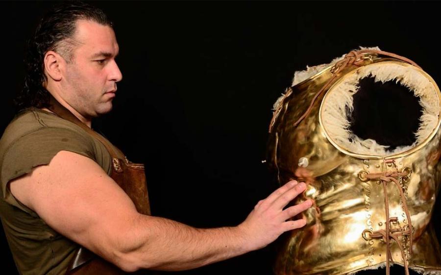 Dimitrios Katsikis pictured with one of his Greek armor creations. Credit: Dimitrios Karvountzis / Dimitrios Katsikis / Hellenic Armors.