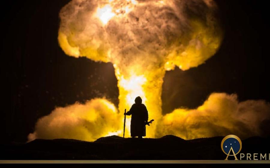 Nuclear war concept. Explosion of nuclear bomb. Creative artwork decoration in dark.