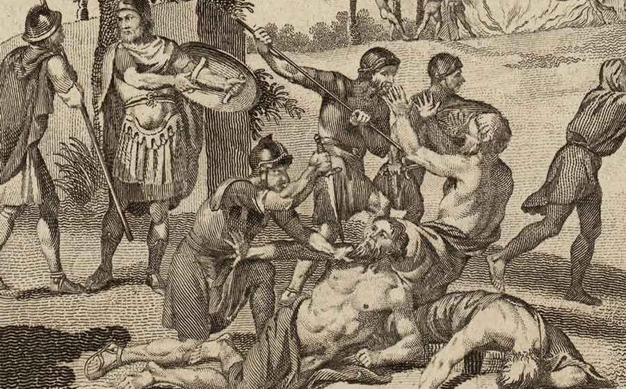 Detail of illustration showing Roman soldiers killing the Anglesey Druids, as described by Tacitus. Source: Public domain