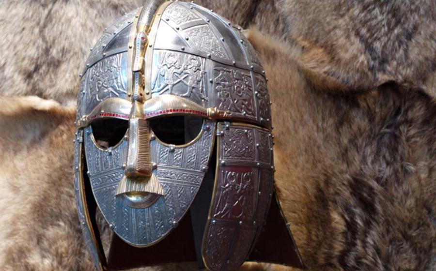 Anglo Saxon Helmet, Sutton Hoo, Suffolk. A reproduction of the helmet rebuilt from the fragments found in mound 1 in 1949. 