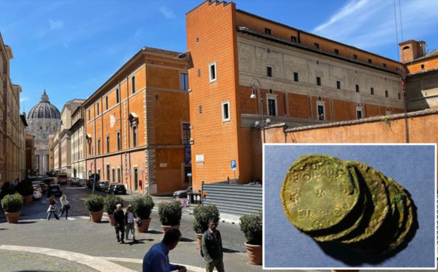 The Palazzo della Rovere in Rome, with the dome of St Peter's Basilica visible in the background, with inset a set of the Anglo-Saxon coins