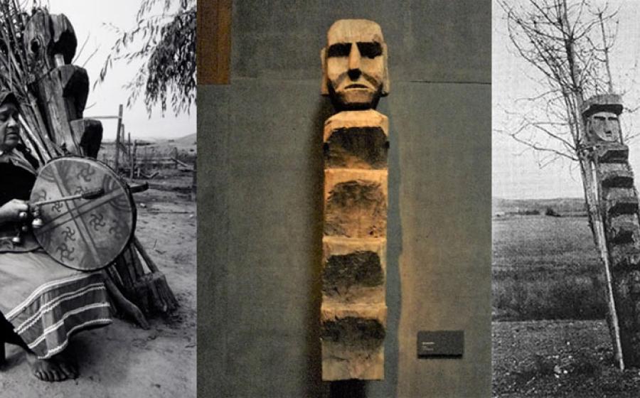 Left: Machi playing the Kultrún. Behind her it can be seen the inclination of the staggered Rehue . Center: A Rehue in the exhibition of the Museo Chileno de Arte Precolombino. Right: A Rehue as a symbolic figuration of the Tree-Man.			Source: Martin Thomas / Photographic Archive of the Museo Chileno de Arte Precolombino; Photo by the author: Rafael Videla Eissmann, 2017; Author provided