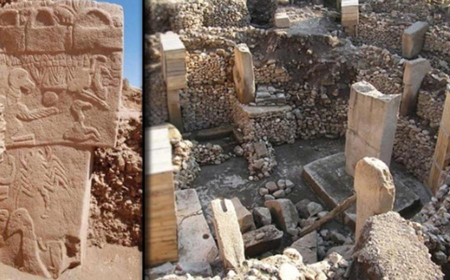 [Left], Photo of the Vulture Stone of Göbekli Tepe. (Alistair Coombs). [Right], Archaeological site of Göbekli Tepe in Turkey.