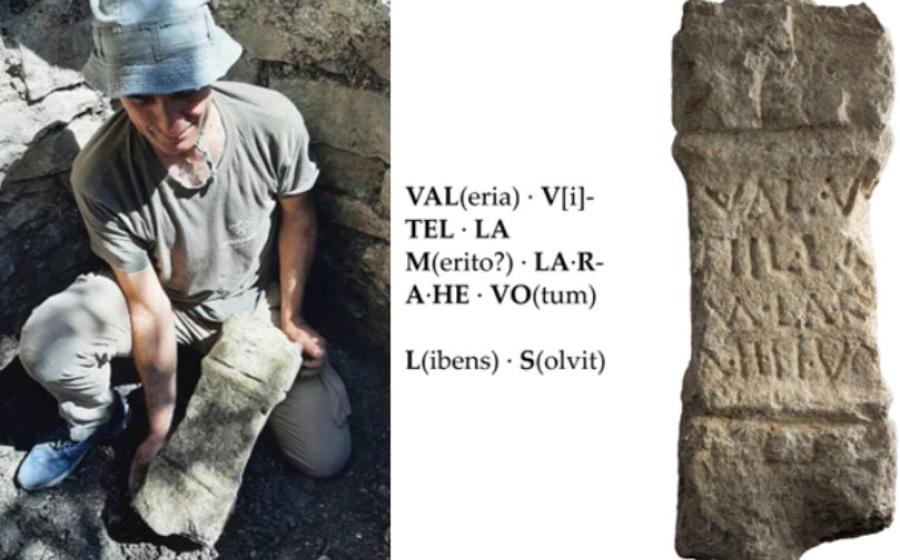 Archaeologist holding votive altar and (right) Latin inscriptions on votive altar.	Source: Juantxo Agirre / Aranzadi