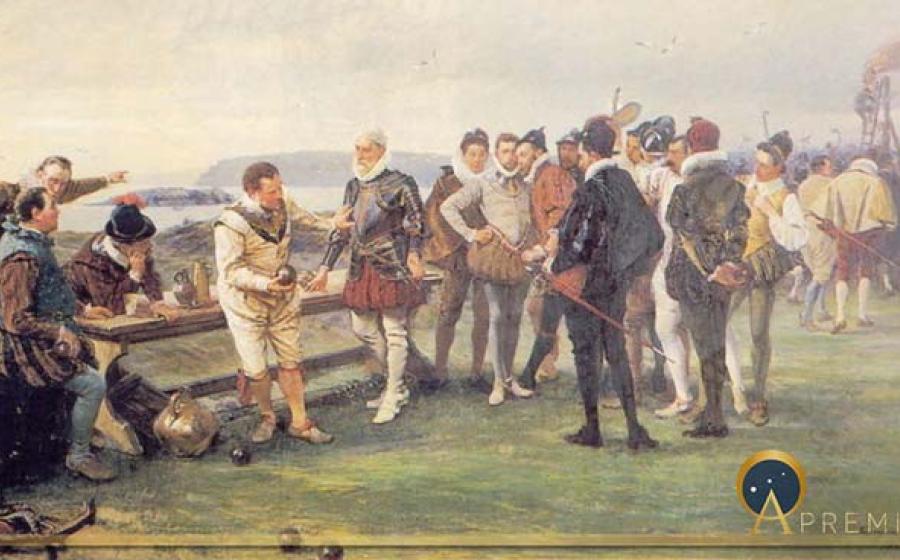 The scene on the Plymouth Hoe when captains play bowls as the Spanish Armada comes into view by John Seymour Lucas (1880) (Public Domain)