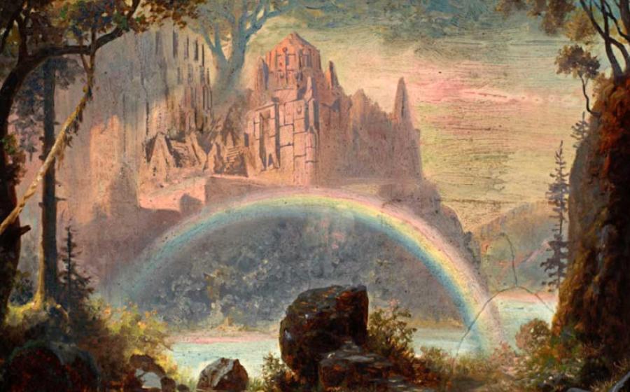 Depiction of Valhalla, where Odin held court at Asgard, from the 1878 staging by Hermann Burghart of Das Rheingold by Richard Wagner. (Public domain)