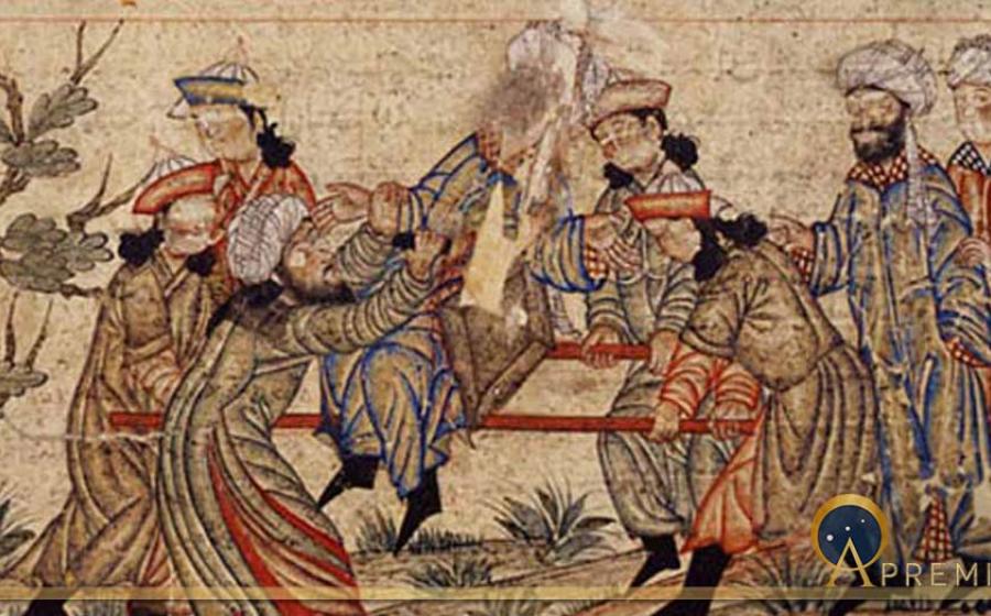 An agent of the Assassins (left, in white turban) fatally stabs Nizam al-Mulk, a Seljuk vizier, in 1092 AD. (14th-century AD manuscript) Topkapi Palace Museum, Istanbul (Public Domain)