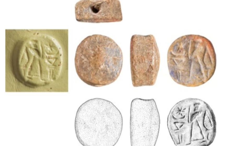 The Assyro-Levantine limestone stamp seal discovered at Tel Yavne, shown with photographs, seal impression, archaeological drawings, and cross-sections