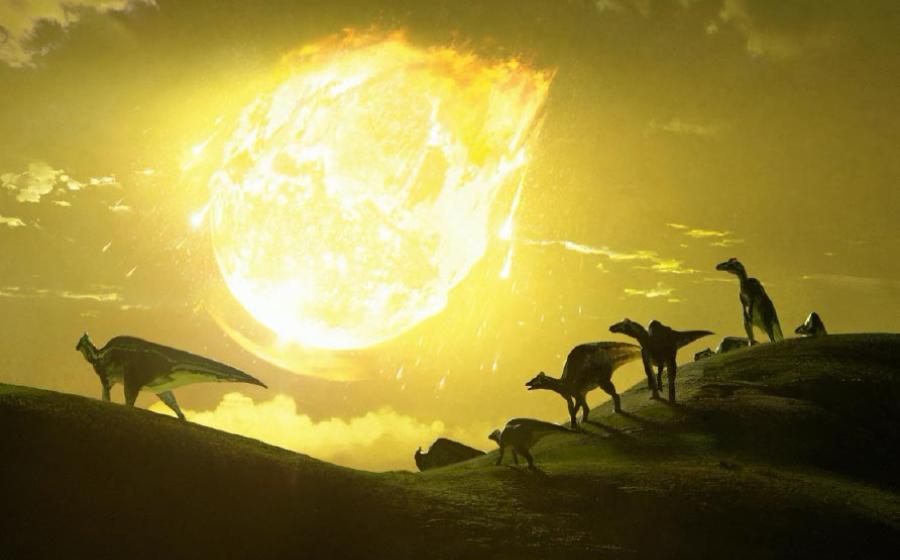 Original artwork depicting the moment of the asteroid strike in present-day Mexico. 	Image: Chase Stone / Nature Communications