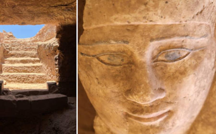 Left, the entrance to Tomb No. 38 near the Aga Khan Mausoleum. Right; The remarkably preserved limestone sarcophagus of Ka-Mesiu