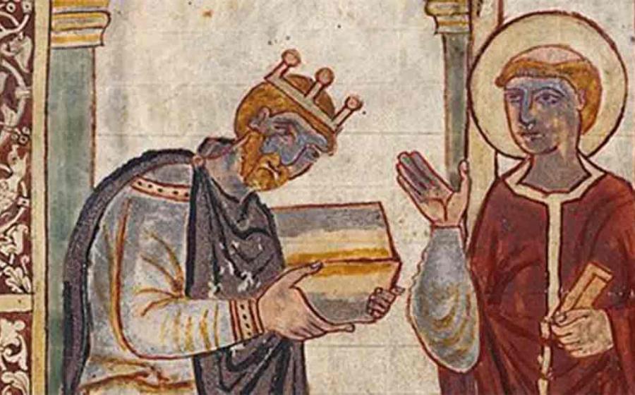 Athelstan presenting a book to St Cuthbert, an illustration in a manuscript of Bede's Life of Saint Cuthbert, probably presented to the saint's shrine in Chester-le-Street by Athelstan when he visited the shrine on his journey to Scotland in 934. It is the oldest surviving portrait of an English king and the manuscript is the oldest surviving made for an English king, circa 930 AD. Source: Public Domain