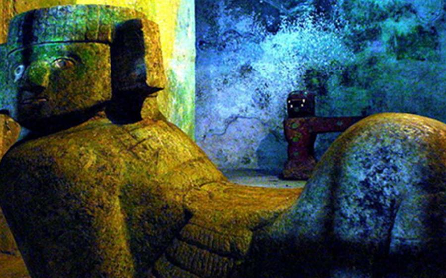 Statue of the God Chac-Mool, located inside a chamber in the pyramid of Kukulcán in Chichén Itzá, Mexico 